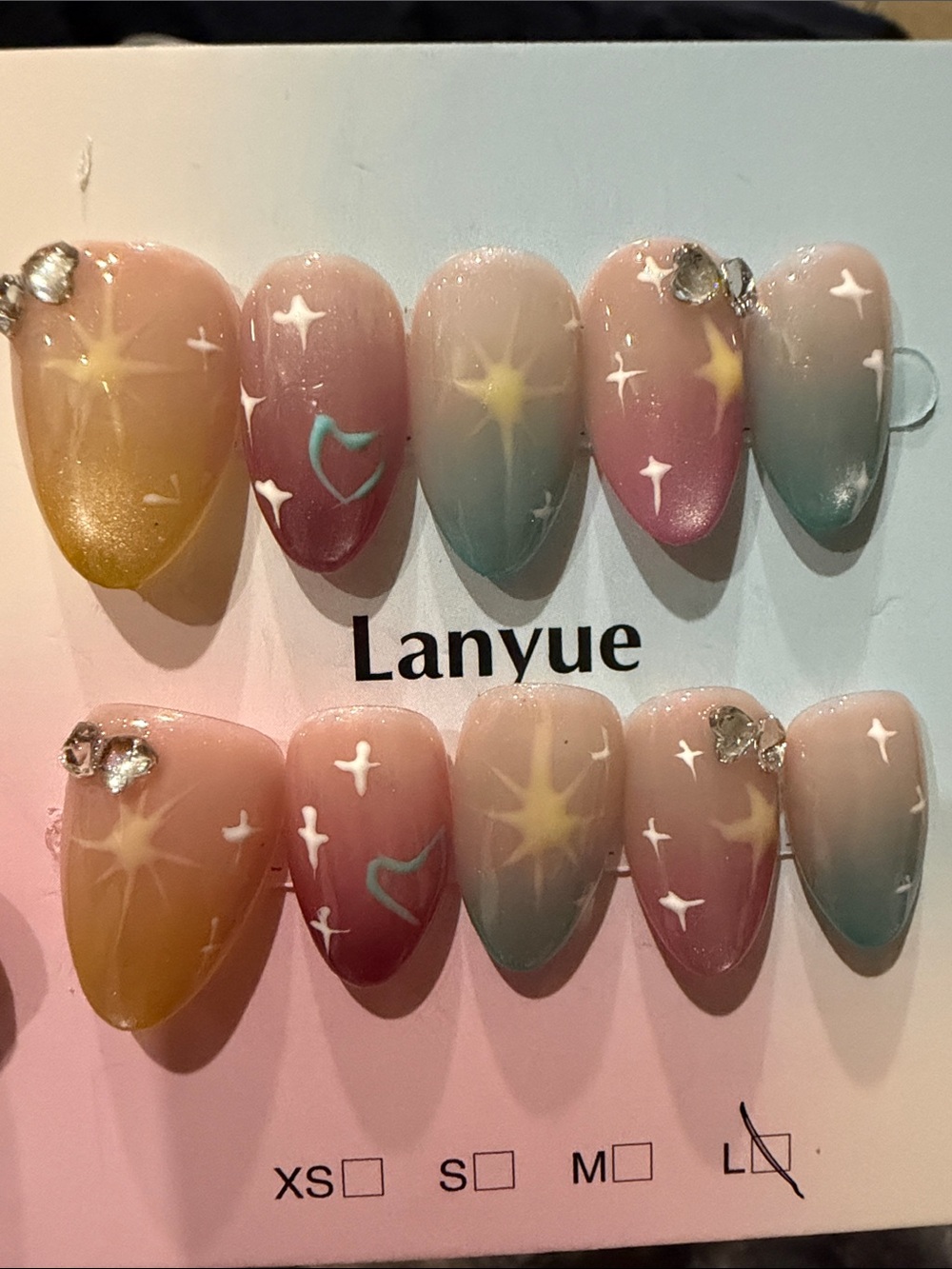 Starry Ombre handmade acrylic Press-On Nails in Pink, Yellow & Teal